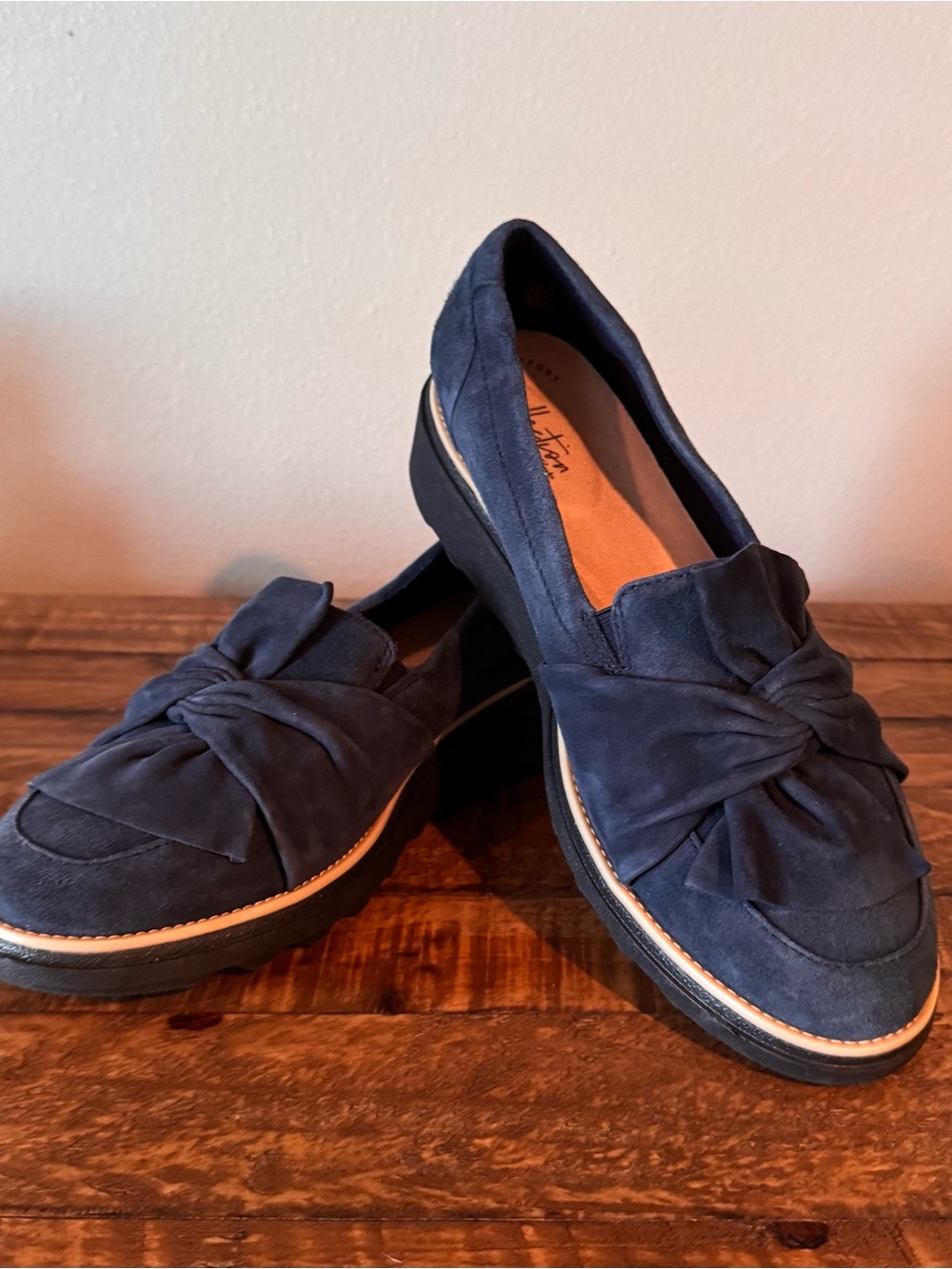 Clarks Sharon Dasher Navy Suede Knot Loafers